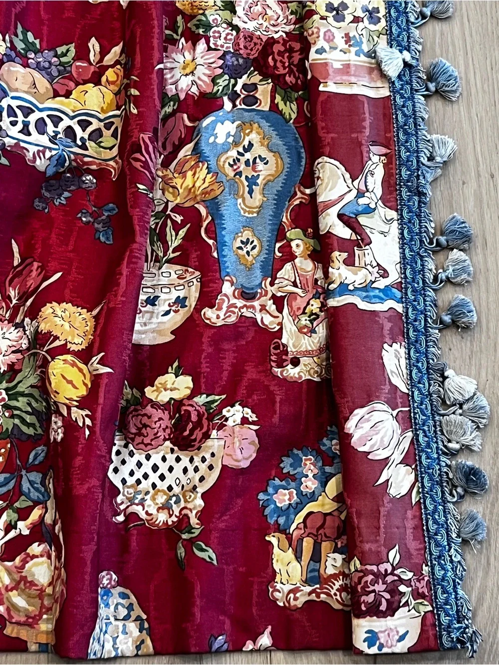 Set of 4 Custom Chinoiserie Lined Drapery Panels Burgundy Tassel Trim 21x62”
